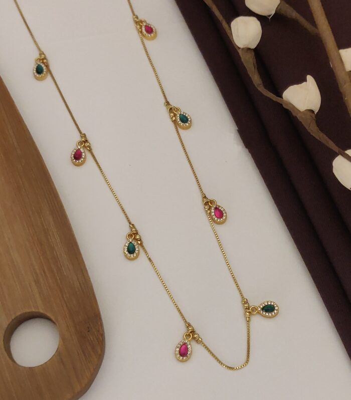 Minimalist Alternating Pear Ruby & Emerald Charm Sleek Necklace