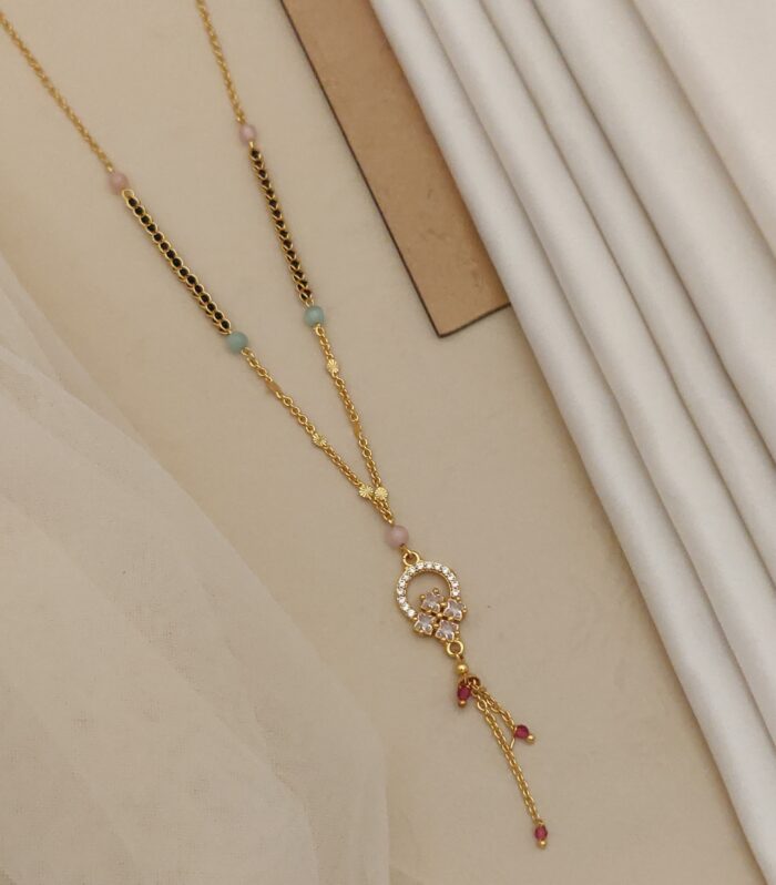 Pastel Bead Layered Mangalsutra with CZ Floral Loop Pendant