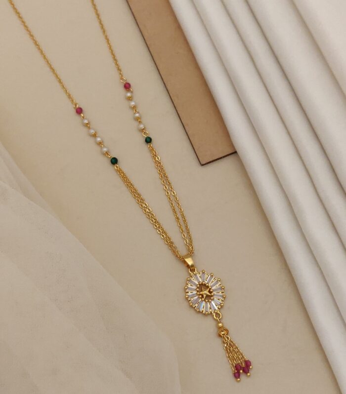 Modern Heart & Flower CZ Mangalsutra with Black Bead Accents