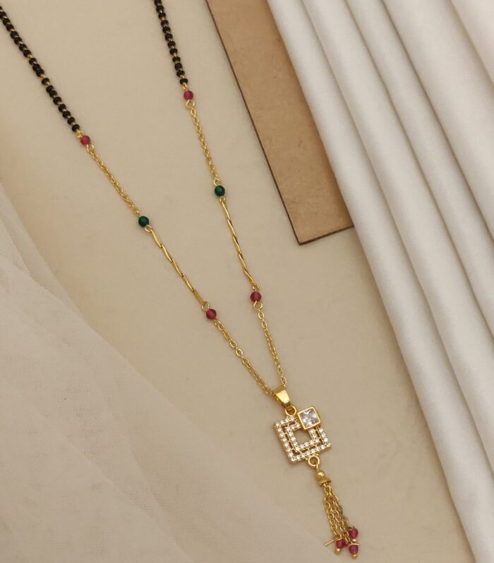 Modern Dual Square Mangalsutra with Ruby-Green Accents