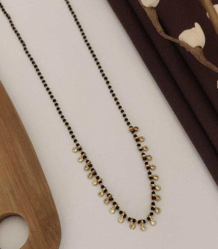 Dainty White CZ Charm Black Bead Necklece