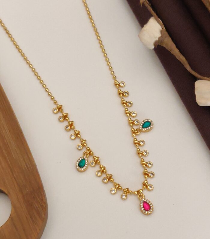 Elegant Crystal-Bordered Pear Charm Multi-Stone Sleek Necklace