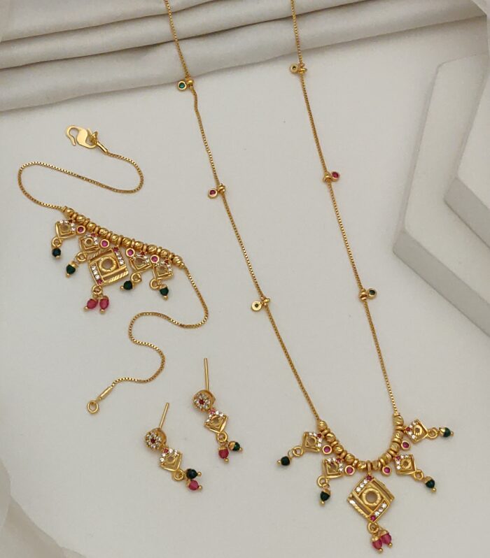 Ethnic Geometric Ruby-Emerald Studded Necklace, Bracelet & Earring Combo