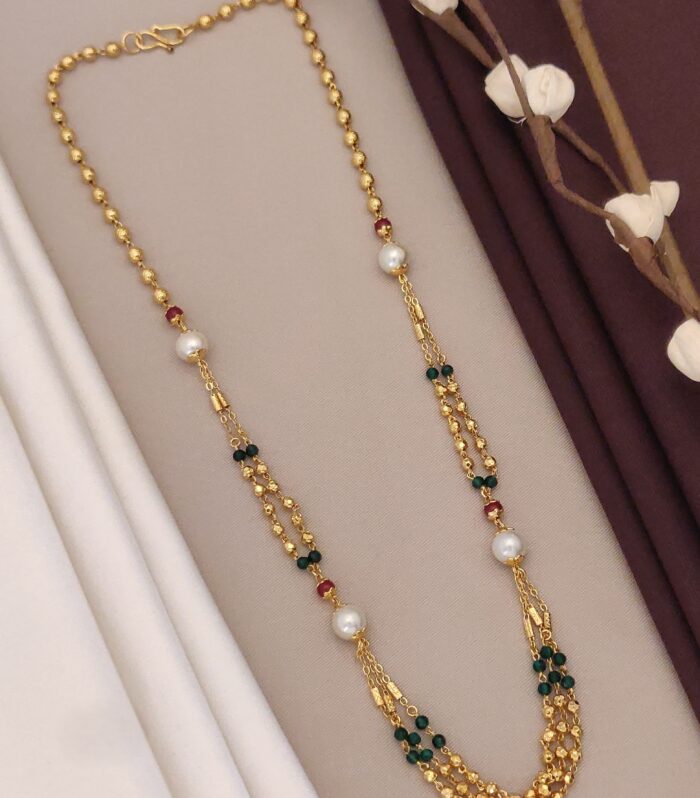 Gold Replica Mala with Faux Pearls & Green Beads