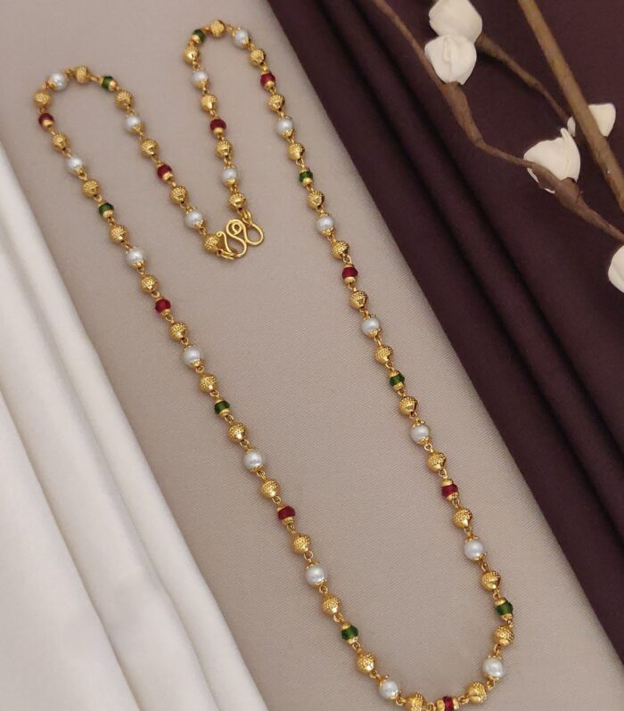 Classic Tricolor Beaded Gold Plated Mala Chain