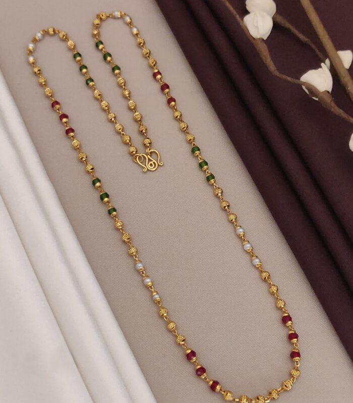 Maroon & Emerald Beaded Gold Plated Mala