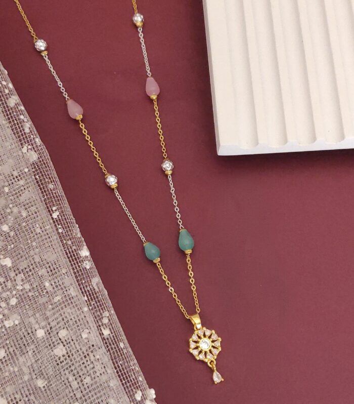 Floral CZ Pendant Pastel Bead Gold Plated Mala