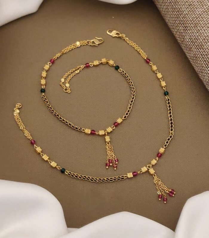 Ethnic Maroon & Green Bead Hanging Tassel Payal