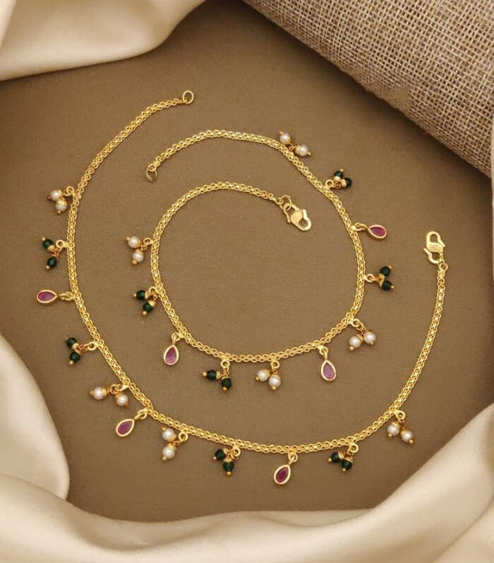Pearl & Green Droplet Payal with Pink Charms